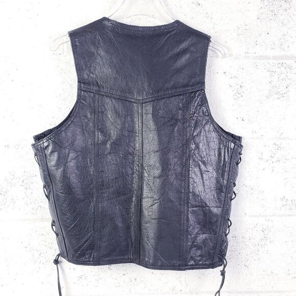 Vintage 90s y2k Black Leather Snap Front Vest Lace Up Sides V-Neck Men's SIze 44 - Picture 2 of 11